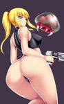  ass black_panties blonde_hair blush breasts green_eyes gun handgun ishimiso_(ishimura) large_breasts long_hair metroid metroid_(creature) panties ponytail samus_aran simple_background solo tank_top thong trigger_discipline underwear weapon 