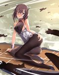  aircraft airplane black_legwear blush brown_eyes brown_hair high_heels highres kantai_collection looking_at_viewer miyazaki_byou pantyhose short_hair solo taihou_(kantai_collection) thighband_pantyhose 