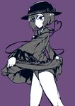  blue_eyes bow frilled_panties frills hat hat_bow heart heart_of_string komeiji_koishi legs long_sleeves monochrome panties purple_background short_hair simple_background skirt skirt_lift solo spot_color thighs third_eye thupoppo touhou underwear walking wide_sleeves 