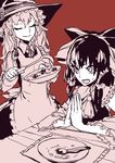  apron ascot black_hair bowl braid closed_eyes detached_sleeves dish eyelashes food hair_tubes hakurei_reimu hands_together hat kirisame_marisa ladle long_hair monochrome multiple_girls mushroom plate red_background simple_background sitting soup spoon table thupoppo touhou witch_hat 