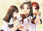  ayanami_(kantai_collection) bad_id bad_pixiv_id bangs black_hair blunt_bangs blush brown_eyes brown_hair girl_sandwich hair_ribbon hatsuyuki_(kantai_collection) kantai_collection long_hair multiple_girls nunucco open_mouth pleated_skirt ponytail ribbon sandwiched school_uniform serafuku shirayuki_(kantai_collection) short_hair short_sleeves side_ponytail skirt tears triangle_mouth twintails wavy_mouth 