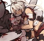  ammunition bad_id bad_pixiv_id battleship_hime black_hair blonde_hair blood breasts broken_horn dark_skin fang fingerless_gloves gloves glowing glowing_eyes headgear highres horns ikarin kantai_collection medium_breasts multiple_girls musashi_(kantai_collection) no_eyewear open_mouth pale_skin red_eyes sarashi shinkaisei-kan smile thighhighs tongue torn_clothes 