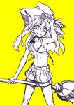  adjusting_clothes adjusting_hat arm_up bikini_top bow braid broom hair_ribbon hand_on_headwear hat hat_bow kirisame_marisa knees legs long_hair looking_at_viewer midriff monochrome navel ribbon shorts simple_background smile solo striped striped_bow thupoppo touhou witch_hat yellow_background 