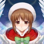  blush brown_hair hagiwara_yukiho hat idolmaster idolmaster_(classic) imminent_hug looking_at_viewer ribbon rona smile snow solo wings 