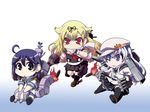  ahoge blonde_hair blue_eyes blue_hair chibi fingerless_gloves firing gloves hair_flaps hair_ribbon hat hibiki_(kantai_collection) ikuya_daikokudou kantai_collection machinery multiple_girls red_eyes remodel_(kantai_collection) ribbon sitting thighhighs torpedo triangle_mouth turret ushio_(kantai_collection) verniy_(kantai_collection) yuudachi_(kantai_collection) 