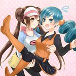  2girls ace_trainer_(pokemon) blue_eyes blue_hair brown_eyes brown_hair carrying double_bun drill_hair female heart long_hair mei_(pokemon) multiple_girls nintendo npc_trainer pokemon pokemon_(game) pokemon_bw pokemon_bw2 princess_carry smile twin_drills wink yuri 