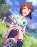  :d ^_^ brown_hair closed_eyes ferris_wheel fukuda_noriko golf golf_club hagiwara_yukiho idolmaster idolmaster_(classic) idolmaster_million_live! momose_rio multiple_girls official_art open_mouth polo_shirt skirt smile 