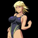  1girl arms bare_shoulders black_background blonde_hair breasts bust clothed_navel collarbone competition_swimsuit dark_skin ears female game_cg hair_between_eyes hand_on_hip hands highleg highleg_siwmsuit highleg_swimsuit hips large_breasts looking_at_viewer minamoto_sono mound_of_venus muscle_flex one-piece_swimsuit purple_eyes shiruzaru short_hair simple_background smile solo standing swimsuit tokunou_shirumamire! upper_body 