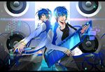  ak_(cosmio) ano_gakki bespectacled blue_eyes blue_hair clone glasses headphones headset highres instrument kaito keytar male_focus microphone multiple_boys revision smile speaker vocaloid 