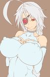  ahoge alternate_breast_size blazblue bodysuit breast_suppress breasts bridal_gauntlets brown_background covered_nipples eyepatch flat_color hands_on_own_chest highres huge_ahoge huge_breasts impossible_clothes nontan_(nontanexx) nu-13 red_eyes silver_hair simple_background solo work_in_progress 