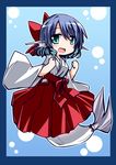  alternate_costume animal_ears blue_hair blush chibi commentary_request head_fins hemogurobin_a1c japanese_clothes long_sleeves mermaid miko monster_girl open_mouth short_hair smile solo touhou wakasagihime wide_sleeves 