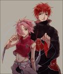  arm_blade bad_end belt cloak empty_eyes hair_over_one_eye haruno_sakura headband midriff naruto naruto_shippuuden pink_hair psychedelic_amatou puppet red_hair sasori weapon 