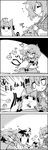  2girls 4koma animal_ears ascot bow braid cat_ears cat_tail closed_eyes comic drooling ghost greyscale hair_bow hair_tubes hakurei_reimu highres hot_water_bottle jitome kaenbyou_rin kazami_yuuka long_hair medicine_melancholy minigirl monochrome multiple_girls multiple_tails short_hair sidelocks sitting sleeping sweat sweatdrop tail tani_takeshi touhou translated twin_braids yukkuri_shiteitte_ne 