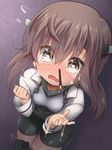  bike_shorts blush brown_eyes brown_hair headband headgear hobby_(kento) in_nose kantai_collection looking_at_viewer no_pants open_mouth pencil short_hair snot solo suggestive_fluid taihou_(kantai_collection) tears thighhighs 