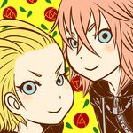  1girl antenna_hair black_coat_(kingdom_hearts) blonde_hair blue_eyes highres kingdom_hearts kogarasimikado larxene marluxia pink_hair 