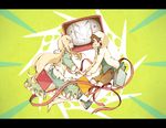  1girl bad_id bad_pixiv_id bandages barefoot blonde_hair book brown_hair dress dual_persona holding_hands hood hoodie kagerou_project kozakura_marry letterboxed long_hair momose_ryou red_eyes ribbon seto_kousuke short_hair shounen_brave_(vocaloid) smile television yellow_eyes younger 