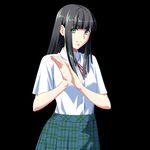  1girl arms black_background black_hair bust ears female fingernails game_cg green_eyes hands_together hime_cut kikutei_nanno long_hair looking_at_viewer multicolored_eyes plaid plaid_skirt pleated_skirt school_uniform shiruzaru simple_background skirt solo standing tokunou_shirumamire! uniform upper_body 