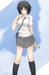  amagami black_hair blush bottle brown_eyes garyou nanasaki_ai revision school_uniform short_hair skirt socks solo 