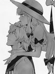  1girl banned_artist bow chikage_(kinokodou) gap genderswap genderswap_(ftm) greyscale hair_bow hat hug hug_from_behind kazami_yuuka long_hair monochrome phone_wallpaper sun_hat touhou yakumo_yukari 