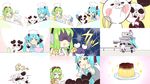  &gt;_&lt; apron aqua_eyes aqua_hair blood blush_stickers chef_hat chibi closed_eyes cooking detached_sleeves food goggles goggles_on_head green_eyes green_hair gumi hat hatsune_miku headphones long_hair multiple_girls panda pudding punching saliva striped twintails vocaloid whisk yamako_(state_of_children) 