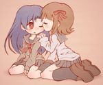  amami_haruka blue_hair blush brown_hair closed_eyes icon_(sugarless_yogurt) idolmaster idolmaster_(classic) kisaragi_chihaya kiss long_hair multiple_girls open_mouth red_eyes ribbon short_hair tears 