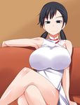  1girl bare_shoulders black_eyes black_hair breasts china_dress chinese_clothes couch devil_survivor_2 dress highres huge_breasts kanno_fumi legs legs_crossed long_hair megami_ibunroku_devil_survivor ourakutei simple_background sitting smile sofa solo thighs twintails 