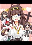  &gt;_&lt; ahoge bare_shoulders black_hair brown_hair closed_eyes detached_sleeves eyewear_removed fang glasses hairband haruna_(kantai_collection) heart hiei_(kantai_collection) ishimori_sakana japanese_clothes kantai_collection kirishima_(kantai_collection) kongou_(kantai_collection) long_hair multiple_girls nontraditional_miko one_eye_closed open_mouth short_hair smile 