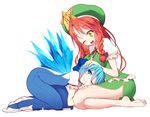  bare_legs barefoot beret blue_eyes blue_hair bow braid chinese_clothes cirno green_eyes hair_bow hat hong_meiling ice ice_wings kneeling kuresento lap_pillow long_hair multiple_girls one_eye_closed open_mouth red_hair seiza short_hair simple_background sitting smile touhou twin_braids wariza white_background wings 