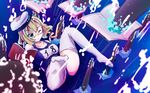  aqua_eyes blonde_hair book breasts glasses hat i-8_(kantai_collection) kantai_collection long_hair medium_breasts one-piece_swimsuit one_eye_closed school_swimsuit solo swimsuit thighhighs tsukineko twintails underwater wallpaper white_legwear wince 
