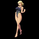  1girl arms bare_legs bare_shoulders barefoot black_background blonde_hair breasts clothed_navel collarbone competition_swimsuit dark_skin ears feet female full-body full_body game_cg hair_between_eyes hand_on_hip highleg highleg_swimsuit large_breasts legs looking_at_viewer minamoto_sono mound_of_venus muscle_flex one-piece_swimsuit purple_eyes shiruzaru short_hair simple_background smile solo standing swimsuit toes tokunou_shirumamire! 
