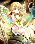  bare_shoulders blonde_hair book braid breasts butterfly_wings cleavage dress envelope fairy fairy_wings flask hair_over_shoulder inkwell long_hair medium_breasts minigirl original pointy_ears quill shoes solo tin_(wsp85205) twin_braids wings yellow_eyes 