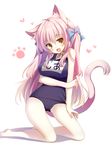 :3 :d animal_ears blush borrowed_character bow cat_ears cat_tail fang hair_bow heart kneeling long_hair name_tag one-piece_swimsuit open_mouth original paw_print pink_hair school_swimsuit shia_flatpaddy smile solo swimsuit tail two_side_up yamcha_(cocololi) 