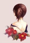  ali_manami back bare_shoulders blush brown_hair flower from_behind japanese_clothes kaga_(kantai_collection) kantai_collection looking_back nape ponytail profile short_hair side_ponytail solo 