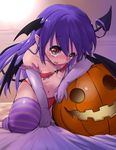  annual_succubus_(hobby) bare_shoulders bat_wings blue_hair blush breasts demon_girl elbow_gloves flat_chest gloves halloween head_wings hobby_(kento) jack-o'-lantern long_hair navel open_mouth original red_eyes solo striped striped_legwear succubus tail tears thighhighs wings 