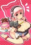  anklet apron azumakuro barefoot blush breasts cake cat cleavage food headphones huge_breasts jewelry long_hair looking_at_viewer macaron naked_apron nitroplus pink_eyes pink_hair polka_dot polka_dot_background sitting smile solo super_sonico wariza 