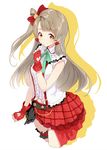  blush bokura_wa_ima_no_naka_de bow brown_eyes brown_hair earrings finger_to_face fingerless_gloves garters gloves hair_bow heart_cutout highres jewelry long_hair looking_at_viewer love_live! love_live!_school_idol_project minami_kotori one_side_up shirabi simple_background skirt sleeveless smile solo suspenders white_background 