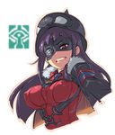  belt breasts eyepatch fur_trim grin helmet long_hair looking_at_viewer mask medium_breasts necktie pickelhaube plamja-sama purple_hair red_eyes sekai_seifuku:_bouryaku_no_zvezda shikabane_itsuka smile solo sutorenngusu 