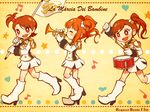  blush brown_eyes brown_hair closed_eyes drum drumsticks flag futami_ami futami_mami heart icon_(sugarless_yogurt) idolmaster idolmaster_(classic) instrument marching_band multiple_girls musical_note open_mouth orange_hair short_hair side_ponytail smile star takatsuki_yayoi trumpet twintails 