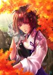  alternate_eye_color aosuna autumn_leaves blush brown_hair handkerchief japanese_clothes kaga_(kantai_collection) kantai_collection lips muneate open_mouth red_eyes river rock short_hair side_ponytail skirt smile solo sunlight sweater water 