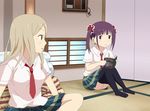  black_legwear blonde_hair book breasts brown_eyes minami_shizuku multiple_girls necktie noda_kotone parted_lips purple_eyes purple_hair sakura_trick school_uniform scrunchie shippo_(shishizaru) sitting thighhighs 