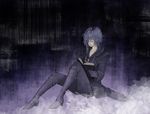  bad_id bad_pixiv_id black_coat_(kingdom_hearts) blue_hair book boots cloak closed_eyes gloves hair_over_one_eye kingdom_hearts male_focus seimoku sitting zexion 