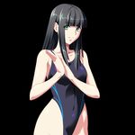  1girl arms bare_shoulders black_background black_hair bust collarbone competition_swimsuit ears female fingernails game_cg green_eyes hands_together highleg highleg_swimsuit hime_cut hips kikutei_nanno long_hair looking_at_viewer multicolored_eyes one-piece_swimsuit shiruzaru simple_background solo standing swimsuit tokunou_shirumamire! upper_body 