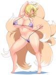  1girl animal_ears bikini blonde_hair breasts female highres huge_breasts shinoji_(shin_status) short_hair solo swimsuit tail touhou yakumo_ran 