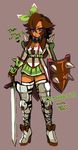  1girl armor artist_name blue_(hopebiscuit) breasts brown_hair character_name chesnaught cleavage dark_skin female nintendo personification pokemon pokemon_(game) pokemon_xy shield solo sword weapon 