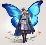  belt black_gloves blue_wings boots butterfly_wings cape fairy fairy_wings gloves hat highres knee_boots male_focus military military_uniform nokuran original peaked_cap scepter solo uniform wings 