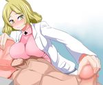  1girl blonde_hair blush breast_press breasts censored devil_survivor_2 erection handjob highres huge_breasts labcoat looking_down lying megami_ibunroku_devil_survivor nude ourakutei penis short_hair simple_background smile towel yanagiya_otome yellow_eyes 