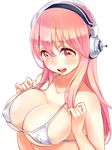  bikini blush breasts cleavage headphones highres large_breasts long_hair looking_at_viewer mushi_aoi navel nitroplus open_mouth pink_eyes pink_hair smile solo super_sonico swimsuit 