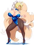  1girl animal_ears blonde_hair breasts bunnysuit cleavage fox_tail high_heels highres huge_breasts leotard pantyhose shinoji_(shin_status) solo tail tailcoat touhou 