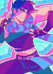  6hours_(fancycars) blue_hair bola_(weapon) colorful fabulous fingerless_gloves gloves jojo_no_kimyou_na_bouken joseph_joestar_(young) male_focus midriff scarf solo 