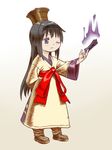  akemi_homura black_hair final_fantasy final_fantasy_tactics hairband hat long_hair mahou_shoujo_madoka_magica md5_mismatch mystic_(fft) oda_takayuki ofuda one_eye_closed purple_eyes robe simple_background solo white_background 